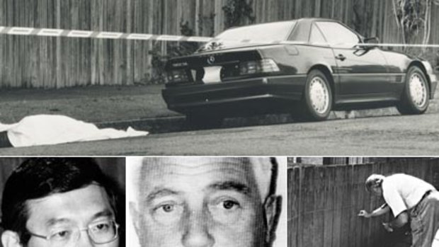 (Clockwise) Shocking, nation-stopping crimes ... the body of surgeon Victor Chang, lies in Lang Street by his Mercedes after a failed kidnapping attempt, and a detective looks for clues in a lane off Raglan Street after the murder of Lady Ashton by the ‘‘Granny Killer’’, John Glover, Victor Chang.