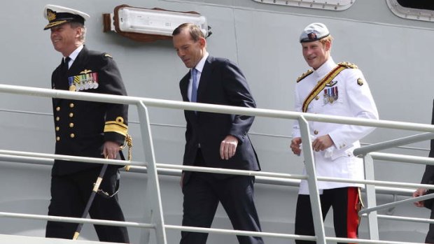 Prince Harry at the International Fleet Review with Prime Minister Tony Abbott and Fleet Commander Barrett at Garden Island, Sydney.