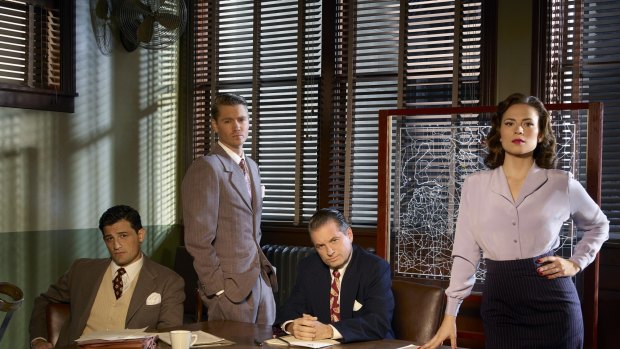 <i>Marvel's Agent Carter</i> stars Enver Gjokaj as Agent Daniel Sousa, Chad Michael Murray as Agent Jack Thompson, Shea Whigham as Chief Roger Dooley and Hayley Atwell as Agent Peggy Carter. 