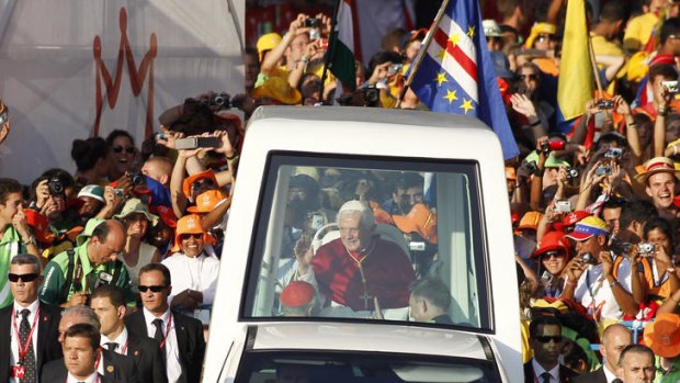 Pope Benedict XVI arrives in Madrid for World Youth Day.