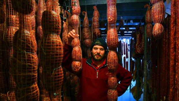 Smallgoods manufacturer Sebastian Jurcan uses "secret family methods" to cure the continental meats he sells in his Daylesford store.