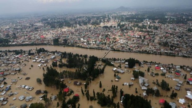 An aerial view shows buildings submerged in floodwaters in Srinagar, Indian Kashmir.