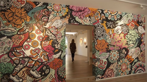  South African artist Marna Hattingh's wallpaper is hung M Contemporary gallery in  Sydney.