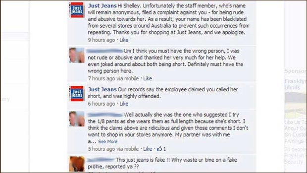 Hoax ... visitors who posted comments to the store's official page received responses from an account registered as 'Just Jeans'.
