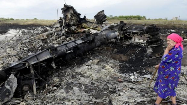 A local resident looks at the wreckage of Malaysia Airlines Flight MH17.