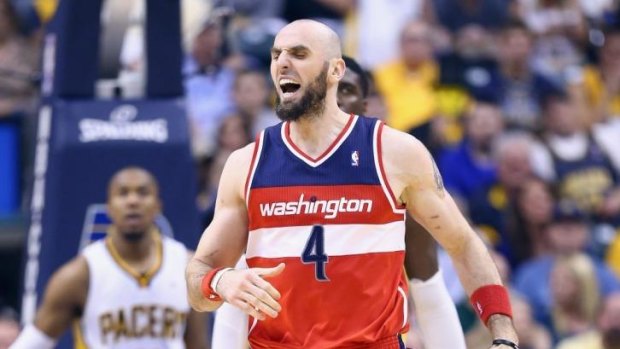 Washington's Marcin Gortat celebrates during the game 5 win over the Pacers at Indianapolis.