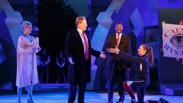 The Public Theater of New York rehearse their version of <i>Julius Caesar</i>, which portrays the blustering, narcissistic title character as Donald Trump.