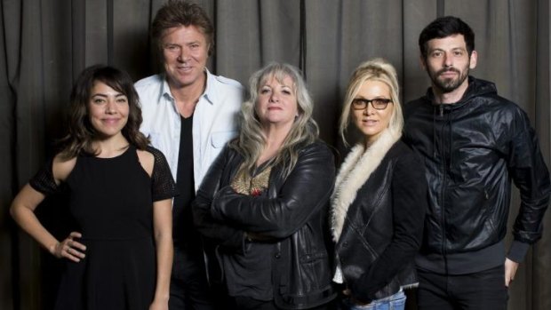 Australia's jury for its inaugural Eurovision Song Contest is, from left, music presenter Ash London, journalist Richard Wilkins,  music producer Amanda Pelman (who is also the chairperson of the jury), singer/songwriter Danielle Spencer, musician and host Jake Stone.