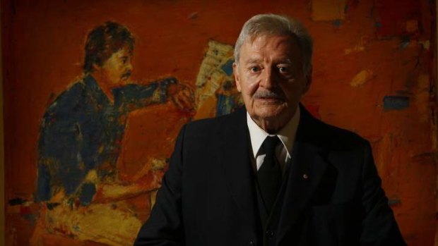 Composer Peter Sculthorpe with a portrait by Eric Smith that forms part of the exhibition at the National Portrait Gallery in Canberra.