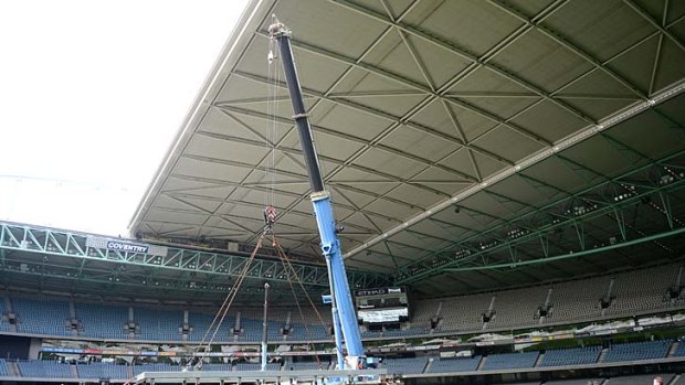 Drop-in cricket pitches are put in at Etihad Stadium for the upcoming Big Bash competition.