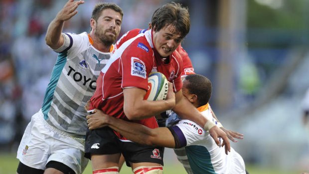 Momentum: Franco Mostert of the Lions charges ahead during his side's upset win over the Cheetahs in Bloemfontein.