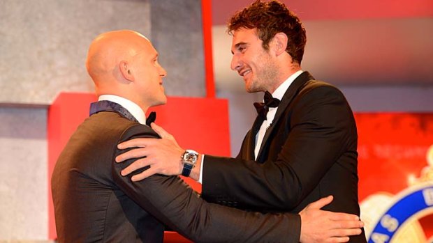 Gary Ablett with last year's Brownlow winner Jobe Watson after the 2013 result was announced.