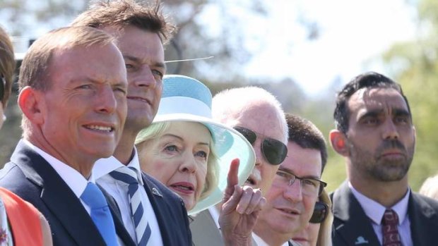 Debate: Tony Abbott, Quentin Bryce and Adam Goodes, far right, in Canberra on Sunday.