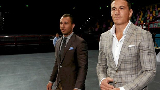 Quade Cooper and Sonny Bill Williams arrive to speak to the media in Brisbane today.