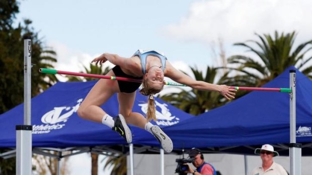 Up and over: Eleanor Patterson competes in the women's high jump on Sunday at the Australian Athletics Championships in Melbourne.