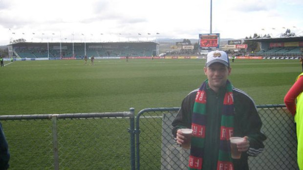Greg Borchardt, now a history teacher in his native Texas, at a Fremantle-Hawthorn game in Tasmania in 2010. He hopes to be at the MCG on Saturday.