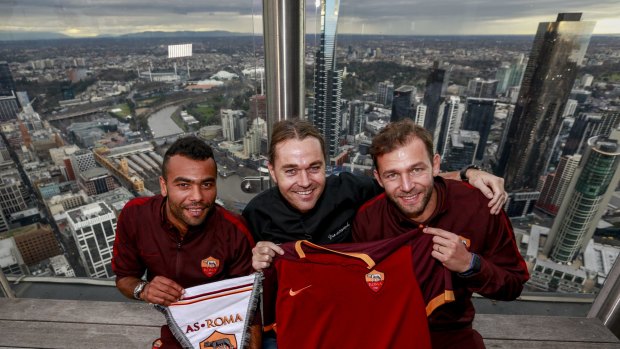 AS Roma players Ashley Cole and Bogdan Lobont at Vue de Monde with chef/owner Shannon Bennett on Wednesday.