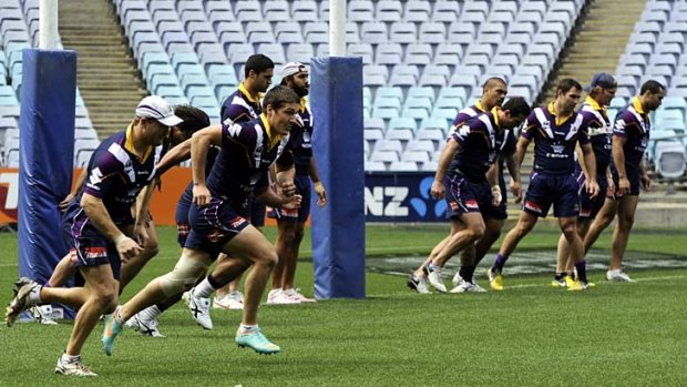Final frontier &#8230; Melbourne Storm players train at ANZ Stadium in Homebush yesterday.