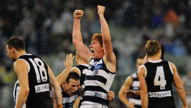 Cameron Ling celebrates the famous goal that wasn't in last year's preliminary final against St Kilda.