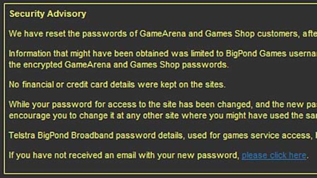 How Telstra is alerting customers to the breach on its gamearena.com.au website.