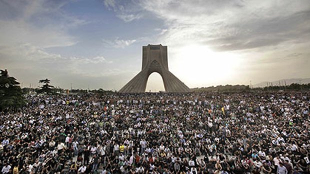 Hundreds of thousands of supporters of leading Iranian opposition presidential candidate Mir Hossein Mousavi, who claims there was voting fraud in Friday's election, turn out to protest the result of the election at a mass rally in Azadi Freedom square in Tehran on June 15.