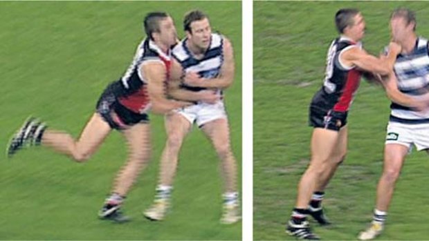 St Kilda's Steven Baker clashes with Stevie Johnson.