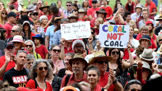 Anti-Adani coal mine protestors are seen rallying at Crosby Park in Brisbane earlier this month.