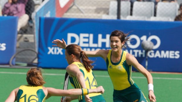 Hockeyroo Jessica Arrold celebrates a goal in the dramatic gold medal playoff.