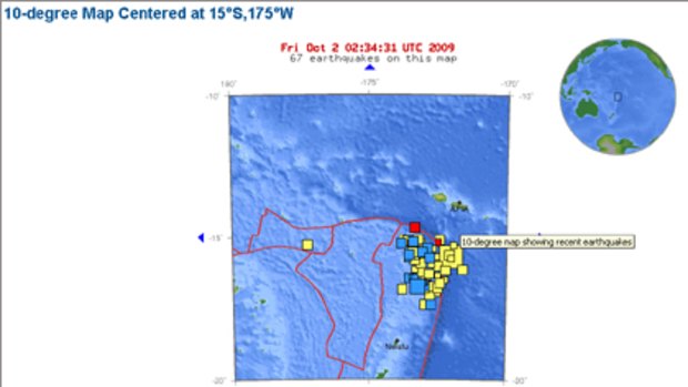 A US Geological Survey map showing recent quakes near Samoa, including today's big 6.3 aftershock.