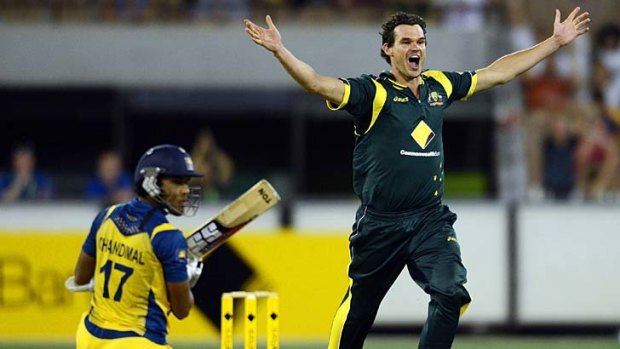 Going through the motions &#8230; Clint McKay celebrates the wicket of Dinesh Chandimal.