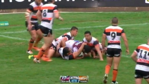 The controversial incident when time expired but play went on during the recent Wests Tigers v Manly clash at Leichhardt Oval.