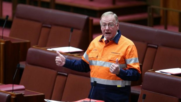 "Disorderly": Liberal senator Ian Macdonald appears in a high-vis Australians for Coal shirt.