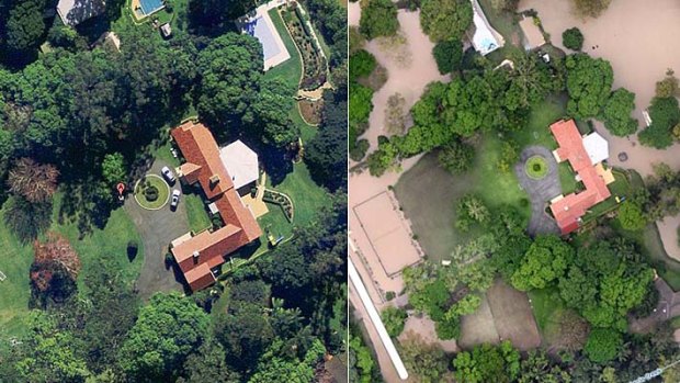 One of last year's most expensive properties, 12 Aminga Street, Fig Tree Pocket, before and after the January flood.