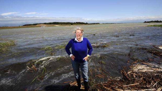River Murray activist Diane Bell  in front of the Clayton regulator at Clayton Bay.