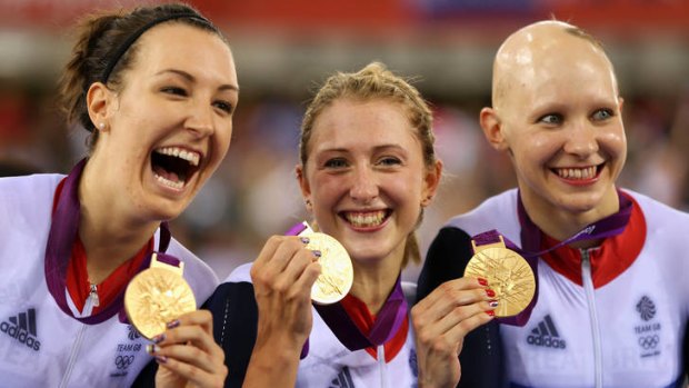 Inspiration ... Dani King, Laura Trott, and Joanna Rowsell celebrate victory in the women's team pursuit.