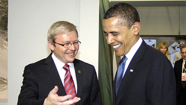 Leaders' bond ... Kevin Rudd with Barack Obama at the G8 meeting in Italy in July.