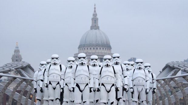 Costumed Storm troopers promoting Rogue One's London release. 