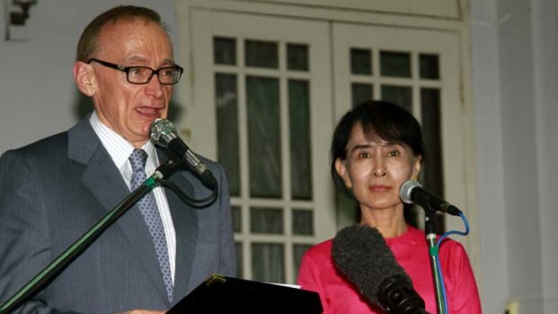 "We have moved beyond coercion, and coercive messages no longer contribute to the reform process" ... Foreign Minister Bob Carr, pictured here with Aung San Suu Kyi at a press conference in Myanmar, is moving forward.