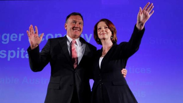 Prime Minister Julia Gillard and her partner at the ALP campaign launch in Brisbane yesterday.