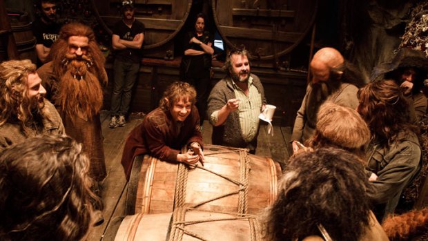 Director Peter Jackson and Martin Freeman, as Bilbo Baggins, on the set of <i>The Hobbit</i> movies.