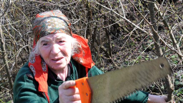 What's the internet? ... Hayastan Shakarian holds a handsaw near her native village of Armazi.