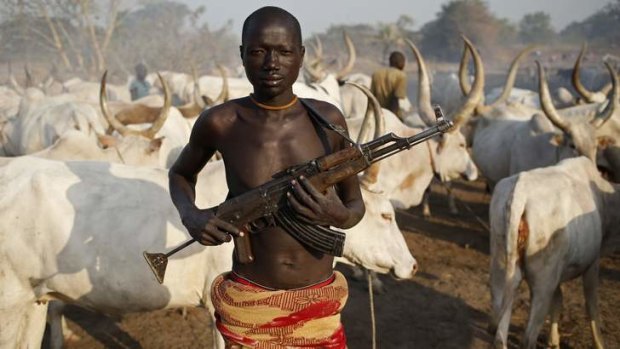 A man from a Dinka tribe holds his AK 47 rifle in front of cows in a Dinka cattle herders camp near Rumbek, central South Sudan.