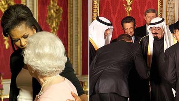 Michelle Obama holds the Queen and Brack Obama bows to Saudi King King Abdullah bin Abdul Aziz Al Saud.