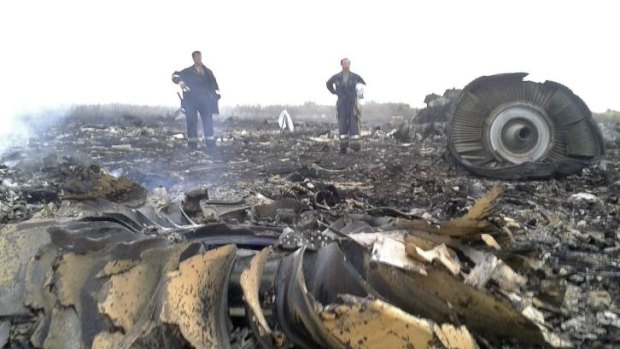Emergencies Ministry members work at the site of a Malaysia Airlines Boeing 777 plane crash in the settlement of Grabovo in the Donetsk region.