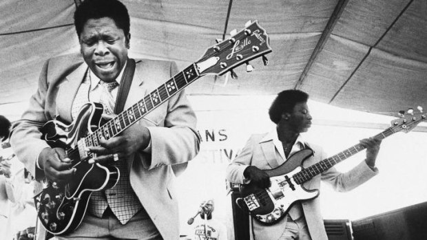 BB King, left, and an accompanist perform during the opening of the 1980 New Orleans Jazz and Heritage Festival.