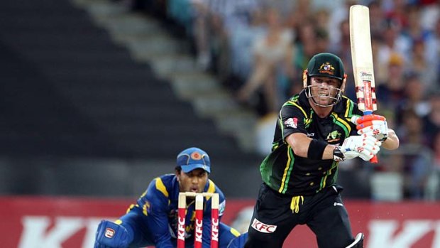 Thwarted ... David Warner takes toll of the Sri Lankan attack in an unbeaten knock of 90 at ANZ Stadium on  Saturday night.