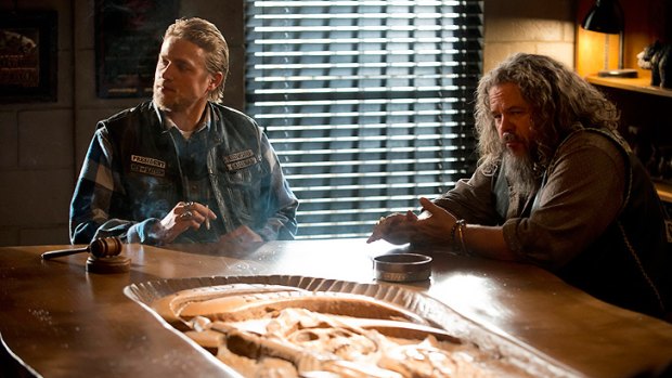 Jax Teller (Charlie Hunnam), left, asserts himself as a leader of the gang in the fifth season of <i>Sons of Anarchy</i>.