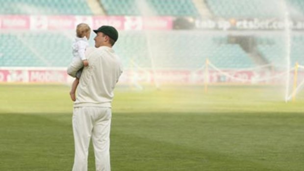 Something to tell the grandkids- and kids- about...Brad Haddin celebrates Australia's amazing win yesterday with his son Zac.