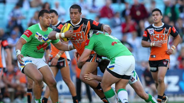 Going forward … Mosese Fotaika playing for Wests Tigers against Canberra in the 2012 National Youth Cup grand final.