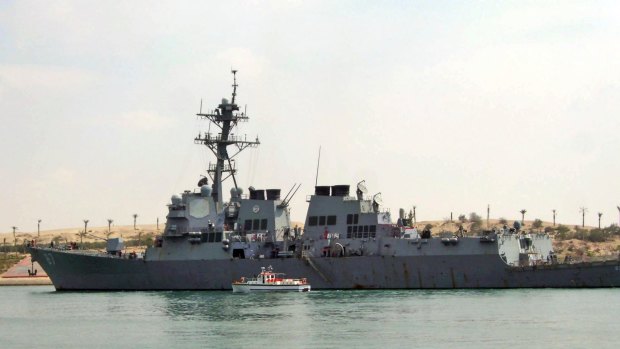 The destroyer the USS Mason sails in the Suez canal in Ismailia, Egypt.